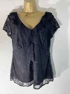 Womens M&Co Uk 16 Black Lace Overlay Short Sleeve V Neck Lined Occasion Blouse - Picture 1 of 6