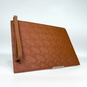 Max Mara Brown Leather Clutch Bag Pouch Bag-in-Bag Logo Embossed - Picture 1 of 10