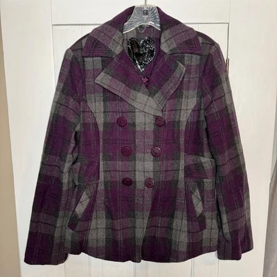 Guess Y2K Size Large Purple Gray Plaid Peacoat Jacket Wool Goth Grunge Women VTG - Image 1 of 4