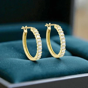 Pave 0.88 Cts F/VS1 Baguette Cut Natural Diamonds Hoop Earrings 14K Yellow Gold - Picture 1 of 4