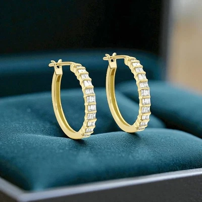 Pave 0.88 Cts F/VS1 Baguette Cut Natural Diamonds Hoop Earrings 14K Yellow Gold - Image 1 of 4