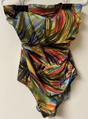 Longitude Women Swimsuit 14 Blue Red Yellow One Piece Strapless Tropical Leaves - Image 1 of 4