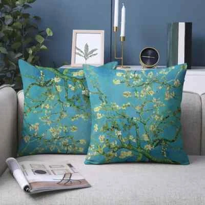 2Pcs Van Gogh Style Almond Blossom Velvet Feel Blue 18 x 18" Cushion Covers Only - Image 1 of 4