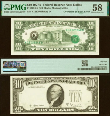 1977A $10 Federal Reserve Note Dallas PMG 58 overprint on back error - Image 1 of 3