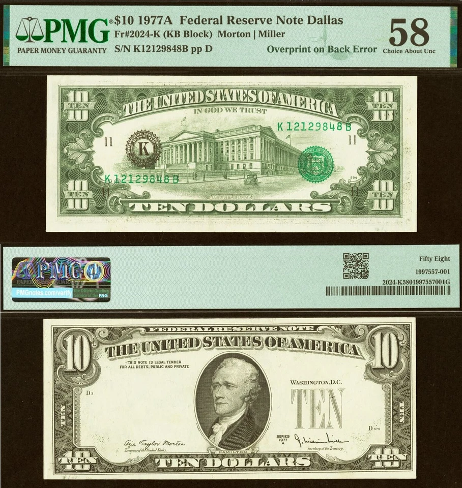 1977A $10 Federal Reserve Note Dallas PMG 58 overprint on back error - Image 1 of 3