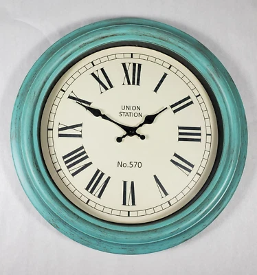 Wall Clock Union Station No. 570 Green Distressed Wood 14" - Image 1 of 4
