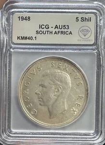 1948 SOUTH AFRICA Silver 5 SHILLINGS ICG AU-53 IDC Verified - Picture 1 of 2