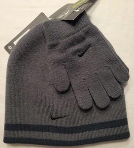 Nike Boys Reversible Gray & Black Beanie & Gloves 2 Piece Winter Set FREE SHIP - Picture 1 of 4