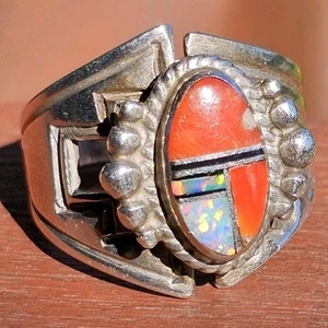 Lonnie Pentewa Hopi Ring stachelige Auster Opal-Inlay Sterlingsilber Größe 7 verstellbar - Bild 1 von 17