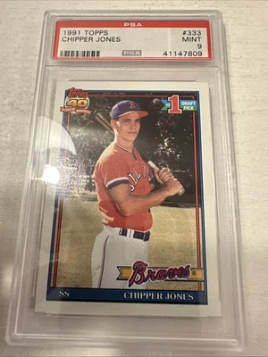 奇珀·琼斯 ~ 亚特兰大勇士 ~ 1991 TOPPS PSA-9 完好评级美国职棒大联盟新秀 RC 卡 #333 — 第 1/4 张图片