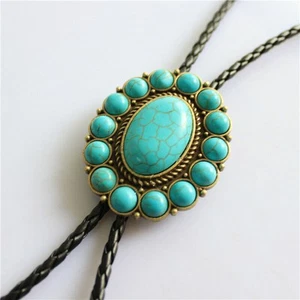 Suround Turquoise Bolo Tie Wedding Necklace 40" PU Leather Rope Western Cowboy - Picture 1 of 8