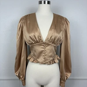 Song of Style Marla Champagne Gold Blouse Corset Waist Crop Size S Satin Ruffle - Picture 1 of 15