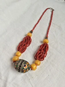 ALTE ETHNISCHE HALSKETTE BERBER MAROKKO KUGEL SILBER EMAILLIERT VINTAGE - Bild 1 von 5