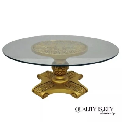 Mesa de centro vintage Hollywood Regency ouro madeira pedestal base redonda tampo de vidro - Imagem 1 de 4