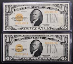 Pair of 1928 10 Dollar Gold Certificate Notes - Consecutive Serial Numbers - Rar - Picture 1 of 2