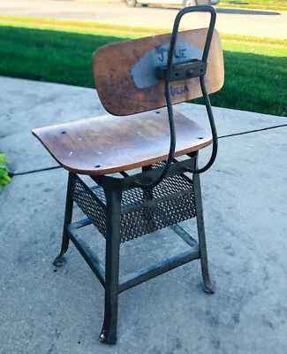 vtg industrial office chair with cage bottom shelf wood seat & back adjustable - Image 1 of 4