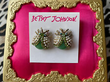 Betsey Johnson Flower Child Jade Green Pearl Beetle Bug Insect Stud Earrings