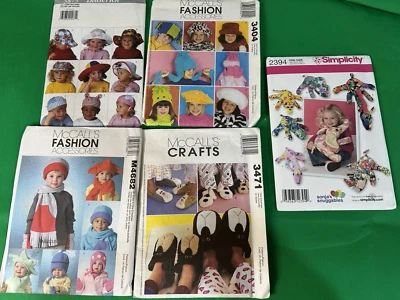 LOT OF 5 SEWING PATTERNS-CHILD HATS-Toys-slippers-Crafts DIY Kids Animals NEW - Image 1 of 4