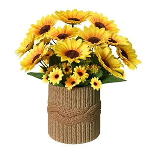 Artificial Sunflowers in 6" Brown Polyresin Pot Fake Silk Plant Home Decor - Picture 1 of 7