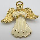 Vtg SIGNED SFI 4195 ANGEL WINGS HALO Enamel Brooch Pin Off White gold tone metal