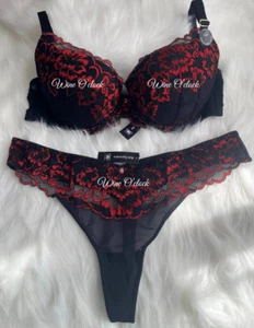 Ann Summers Sexy Lace Padded Plunge Bra & Thong Black/Red 32A~44G - Picture 1 of 14