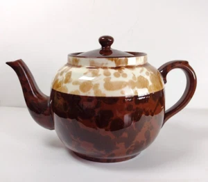 Vintage England Earthenware Redware Spongeware Stripe 1Lt Teapot Tea Pot w/Lid - Picture 1 of 10