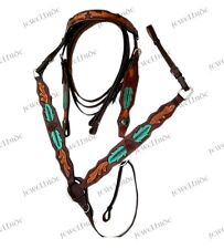 Green Leaf Highlights Carving DD Leather Studded Horse Headstall & Breastplate
