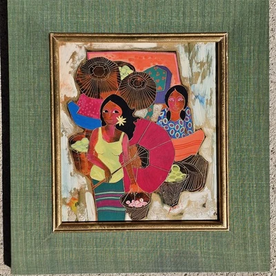 Vintage Original Signed Thai Painting with Etched Gold Marketplace Colorful13x12 - Image 1 of 4