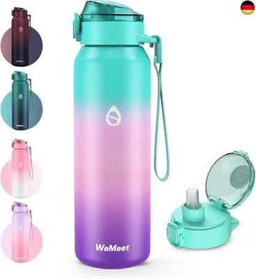 WEMEET Trinkflaschen Edelstahl 1 Liter mit Abnehmbare Strohhalm, [18/10 Edelstahl]