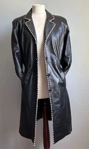 AVIATRIX LONG LEATHER TRENCH COAT 12 14 line soft white black stitch collar - Picture 1 of 23