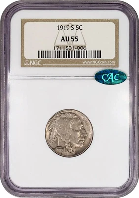 1919-S 5C NGC AU55 CAC Buffalo Nickel 1711501-006 - Image 1 of 4