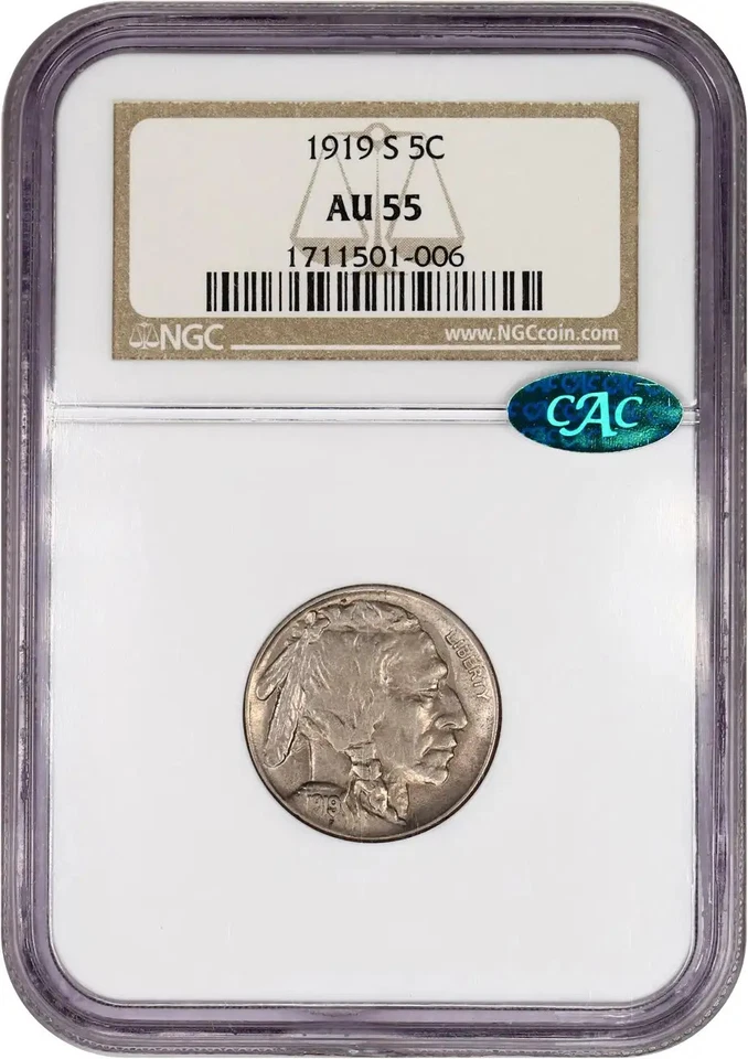 1919-S 5C NGC AU55 CAC Buffalo Nickel 1711501-006 - Image 1 of 4