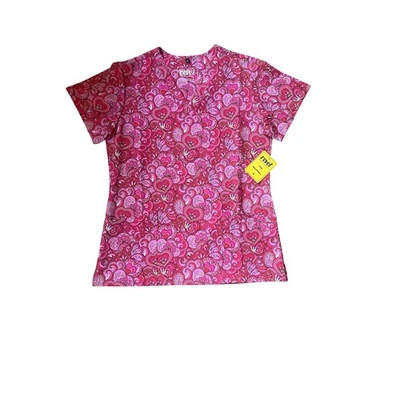 Revel Premium Stretch Scrub Top Pink Heart Print Medical Nurse Uniform Size M - Image 1 of 4