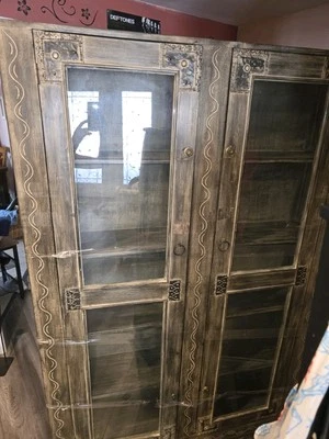Wood Curio Cabinet with Glass Doors Large Wall-Mounted Display Case - Image 1 of 2