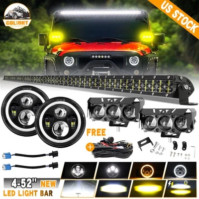 Barra de luz LED de techo de 52"" con cable + 2 cápsulas de 4" + 2 faros de 7" Kit para Jeep Wrangler Foto 1 de 4