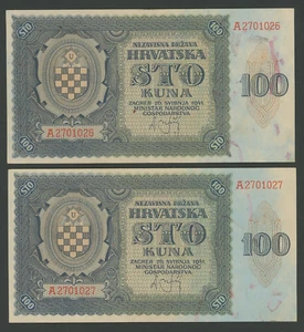 KROATIEN 100 Kuna 1941 XF/AU++ P2a Zweiter Weltkrieg USTASA Paar mit aufeinanderfolgender Seriennummer Nr. - Bild 1 von 2