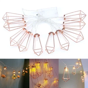 Metal Diamond String Lights Battery Boho Geometric Lantern String Lights Bedroom - Picture 1 of 17