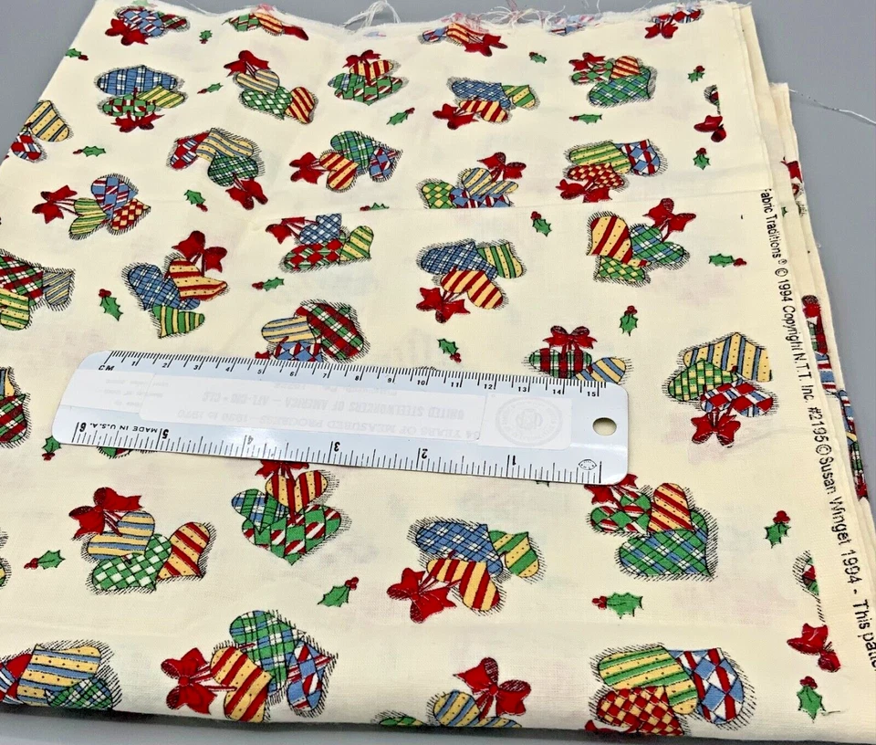 Vtg CHRISTMAS PLAID STRIPES BOWS ON CREAM Susan Winget Cotton Fabric 20” X 44” - Image 1 of 1