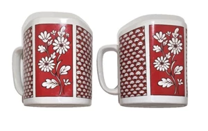 Japanese Mug Set Hexagon Shaped Stoneware Red Flowers Geometric Pattern - Picture 1 of 19