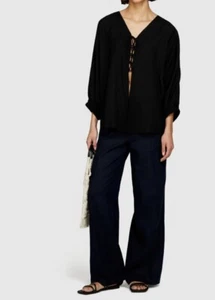 Sisley Linen Blend Pants Size 38 Black Low Rise Flare ITALY - Picture 1 of 11