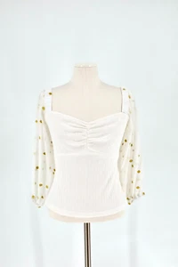 Nuevo con etiquetas Top Hutch Anthropologie Mujer Talla Mediana Blanco Lunares Transparentes Manga Larga - Imagen 1 de 6