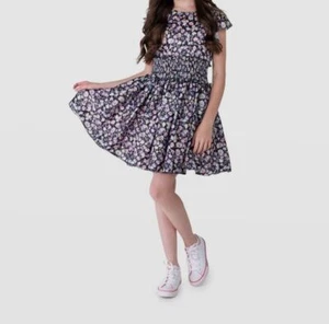 $174 Zoe Ltd. Kid's Girl's Blue Smocked Floral Round Neck A-Line Dress Size 16 - Picture 1 of 3
