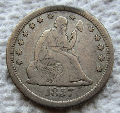 1857-S Seated Liberty Silver Quarter Rare Key Date VF Detail Obv. Scratched Cover