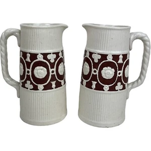 Antique 19th Century White Brown Banded Twist Handle Pitcher Jugs Pair English - Picture 1 of 14