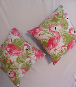 2 Handmade Flamingo Outdoor Throw Pillows, Pink/Green/White, for Porch, Pool Den - Picture 1 of 3