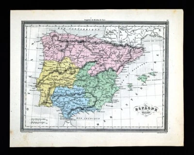 1850 Vuillemin Map Ancient Espagne Spain Portugal Lusitania Tarragona Cordoba ES - Image 1 of 4