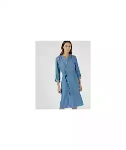 DAMART Blue Chambray Belted Knee Length Roll Tab Long Sleeve Dress Size 18 NEW - Picture 1 of 18