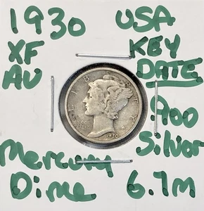 1930 Mercury Dime - .900 Silver US Coin - Key Date Low Mint 6m - UNC FULL BANDS - Bild 1 von 9