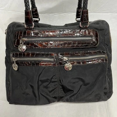 Brighton Nylon Patent Tote Shoulder Bag Purse Black Brown Croc Embossed Trim - Image 1 of 4