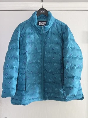 Lands End Down Puffer Jacket Women's Petite 1X 16W-18W Teal Floral Pattern  - Image 1 of 4